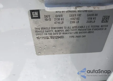 2014 Chevrolet Impala 1Lt из США, поврежденный, VIN 1G1115SL7EU129433